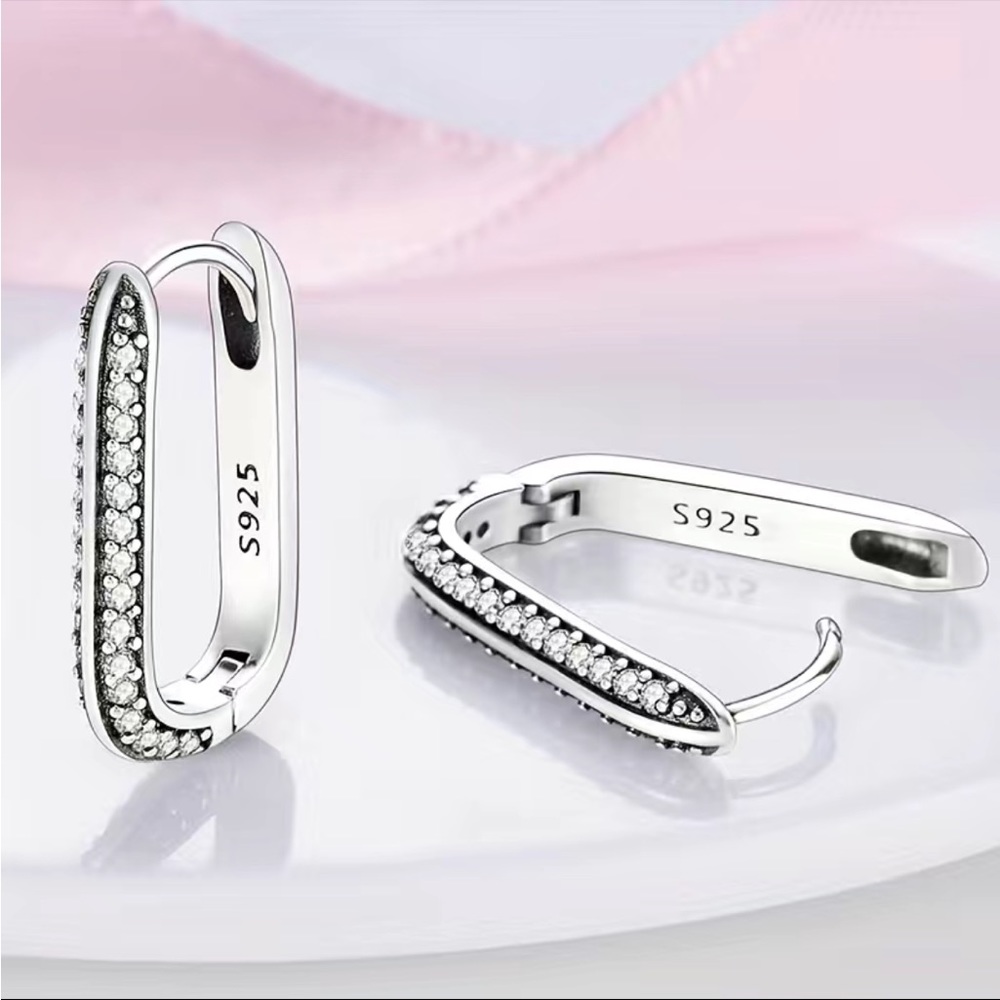 925 Sterling Silver and Diamond U Shaped Hoop Earrings - Picture 5 of 5